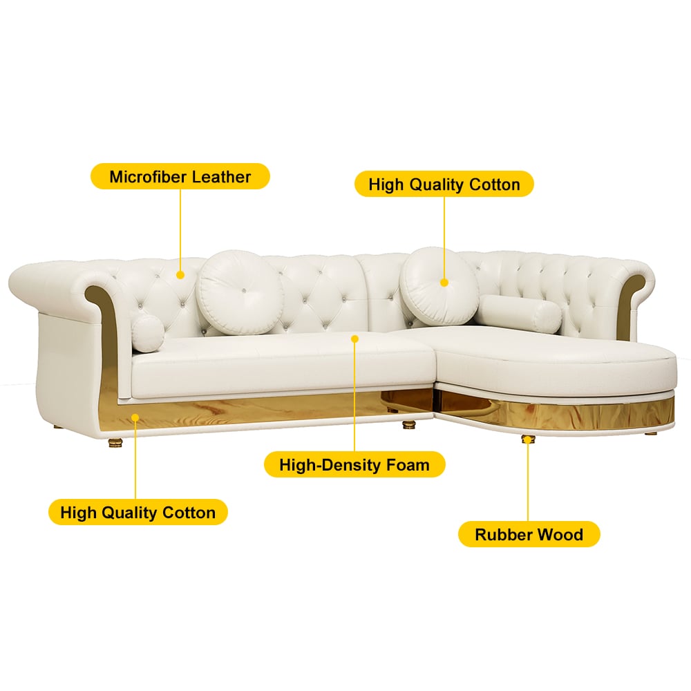 Dodiy Modern L-Shaped White Tufted Corner Sectional Sofa 6-Seater with Ottoman & Pillows