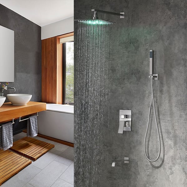 LED Brushed Nickel Shower Set 10" with Hand Shower & Tub Spout Shower Combo Set