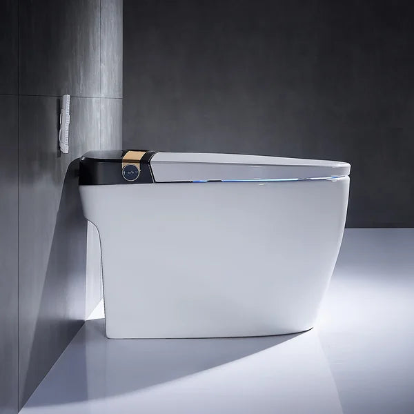 Elongated One-Piece Smart Toilet Floor Mounted Automatic Toilet in Black & Gold Rim