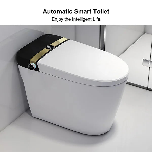 Toilettes intelligentes allongées d'une seule pièce, montées au sol, automatiques, avec bord noir et doré