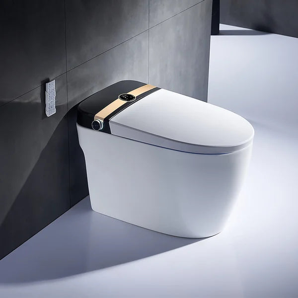 Elongated One-Piece Smart Toilet Floor Mounted Automatic Toilet in Black & Gold Rim