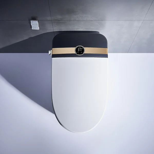 Toilettes intelligentes allongées d'une seule pièce, montées au sol, automatiques, avec bord noir et doré