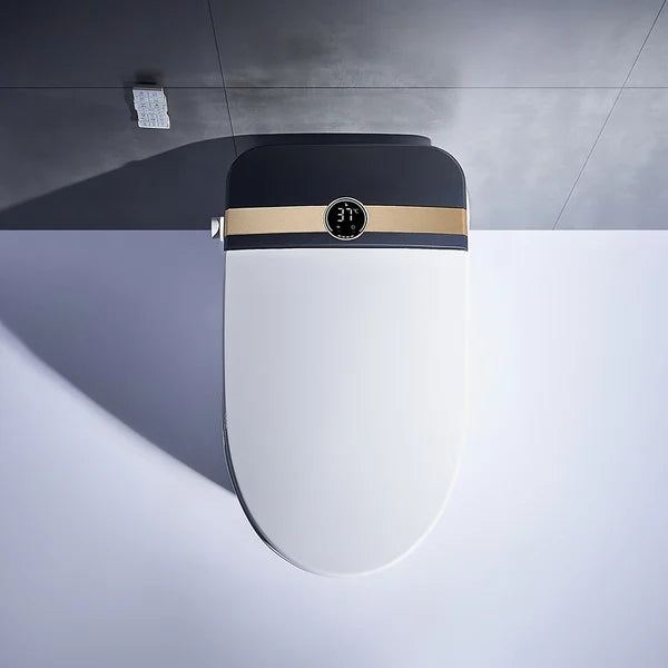 Elongated One-Piece Smart Toilet Floor Mounted Automatic Toilet in Black & Gold Rim