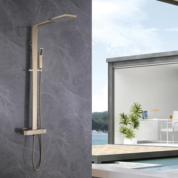 Exposed Thermostatic Shower Fixture with Rain Shower Head and Hand Shower Brushed Gold