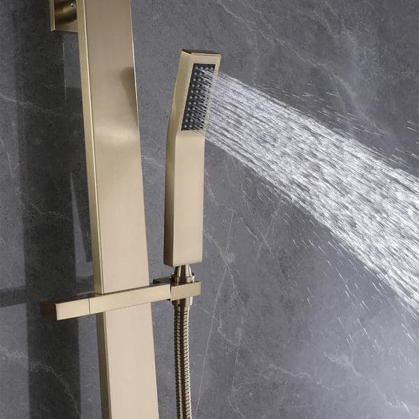 Exposed Thermostatic Shower Fixture with Rain Shower Head and Hand Shower Brushed Gold