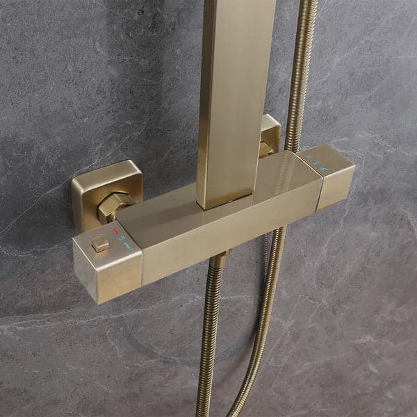 Exposed Thermostatic Shower Fixture with Rain Shower Head and Hand Shower Brushed Gold