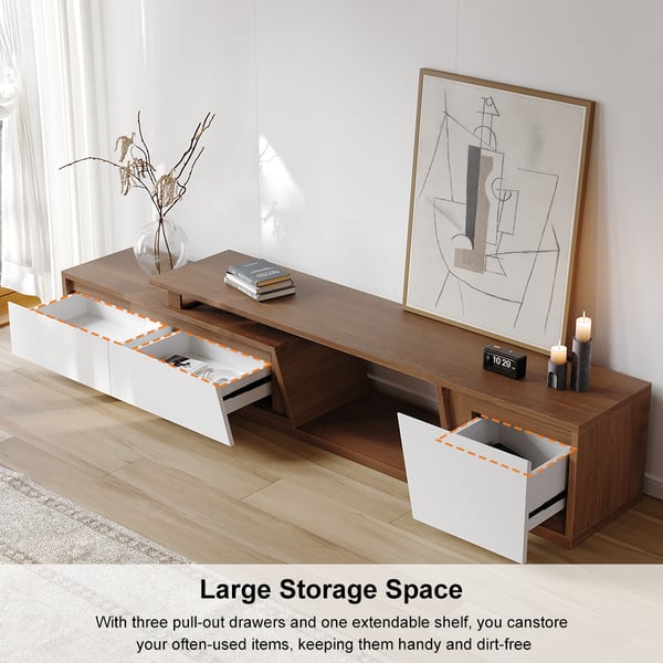 Fero Minimalist Rectangle White & Walnut Extendable TV Stand with 3 Drawers Up to 120