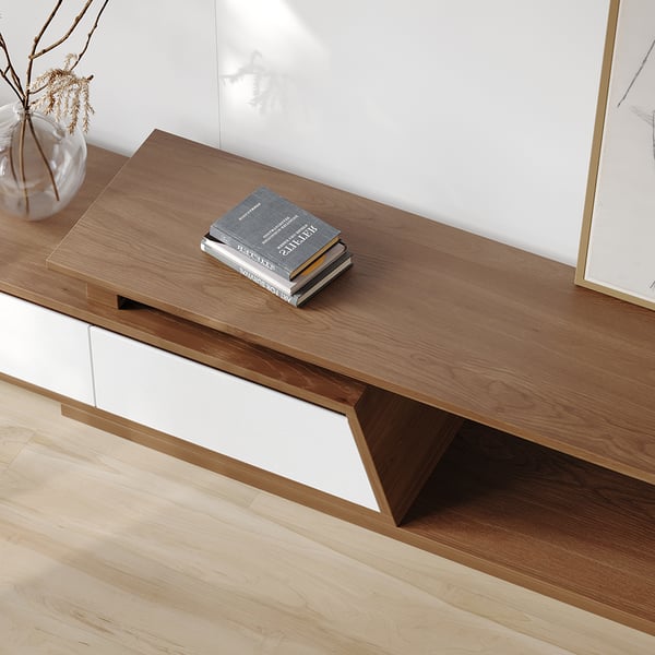 Fero Minimalist Rectangle White & Walnut Extendable TV Stand with 3 Drawers Up to 120