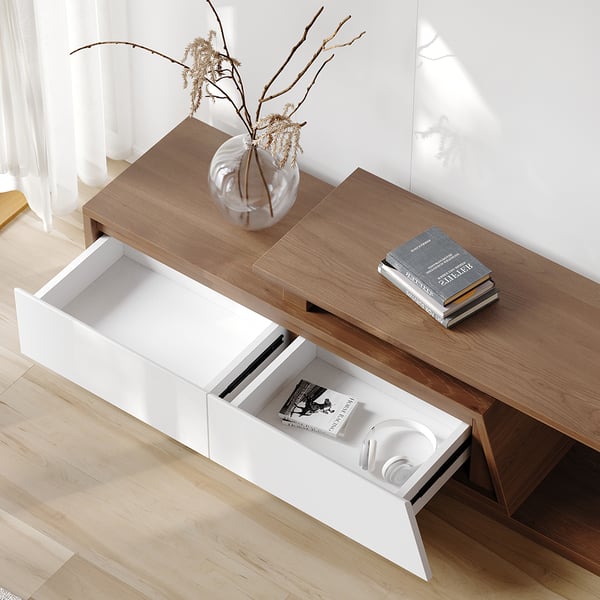 Fero Minimalist Rectangle White & Walnut Extendable TV Stand with 3 Drawers Up to 120