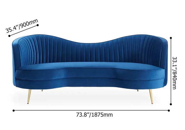 Canapé de luxe en velours de performance incurvé et touffeté à canaux verticaux de 72 po, bleu