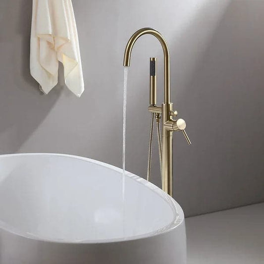Freestanding Single Handle Tub Filler Faucet with Handshower Brass Brushed Gold