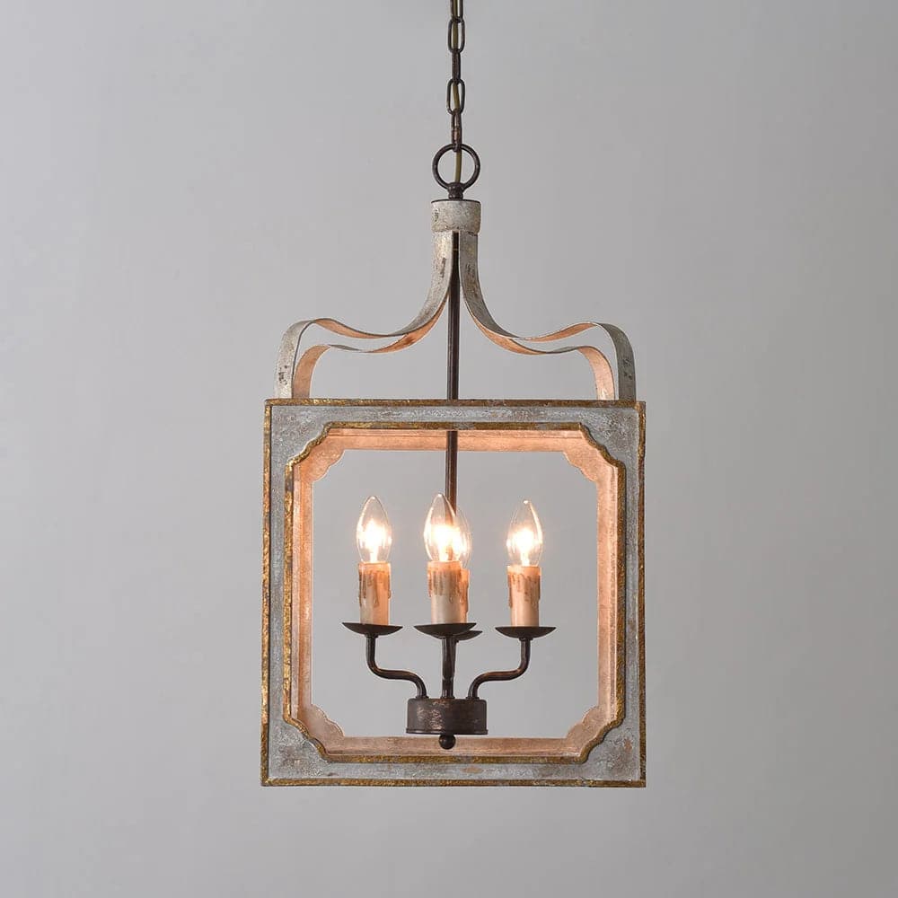 French 4-Light Lantern Chandelier Square Candelabra Pendant Light in Antique Gray