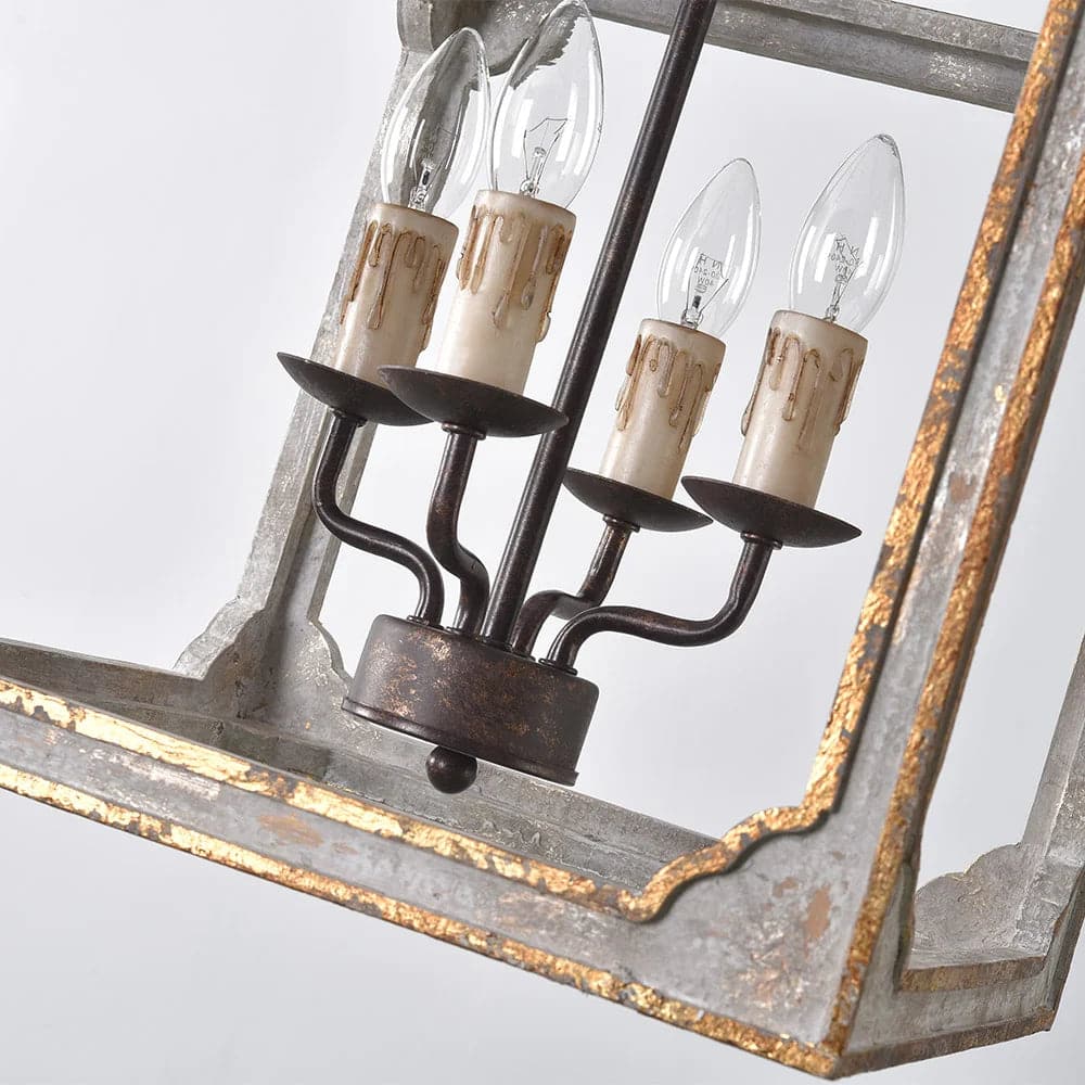 Lustre lanterne français à 4 lumières, chandelier carré, luminaire suspendu en gris antique