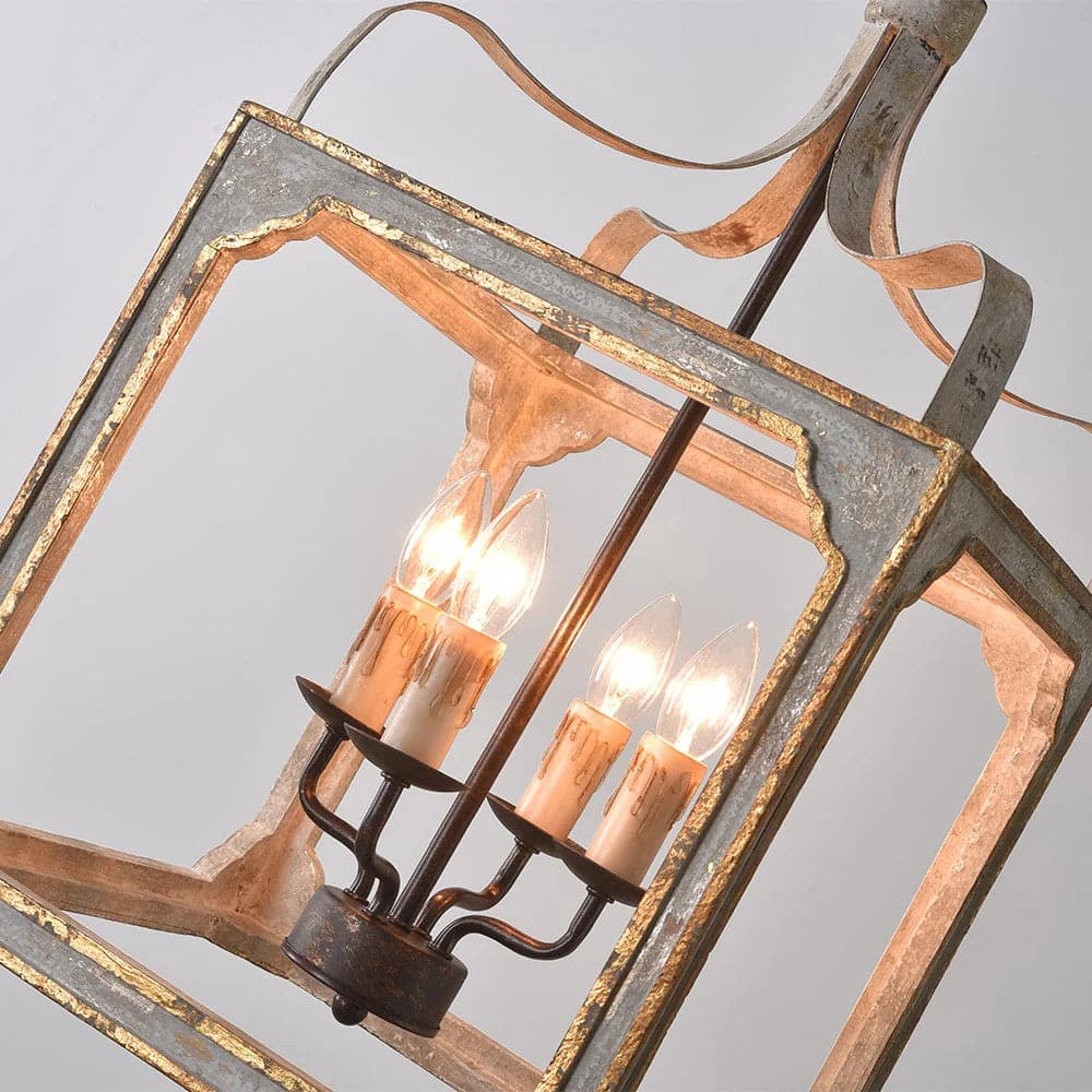 Lustre lanterne français à 4 lumières, chandelier carré, luminaire suspendu en gris antique