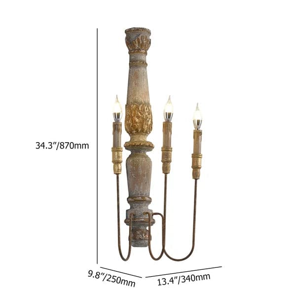 Applique murale à bougie en bois à 3 lumières de campagne française, conception sculptée en détresse