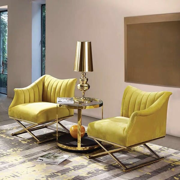 Yellow Velvet-upholstered Accent Chair in Gold Legs Style in A Right Side Chair