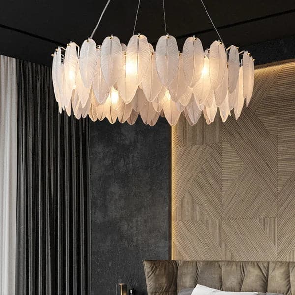 Glassi Modern Round 6-Light Tiered Frosted Feathers Glass Chandelier