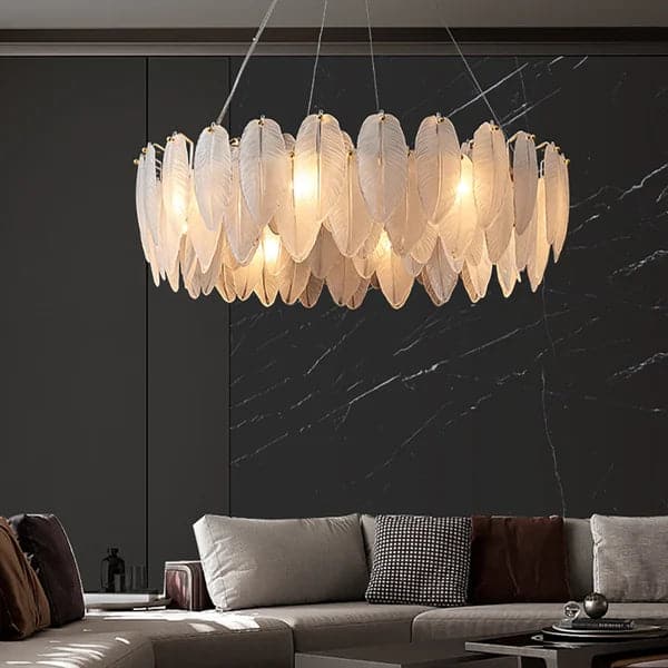 Glassi Modern Round 6-Light Tiered Frosted Feathers Glass Chandelier