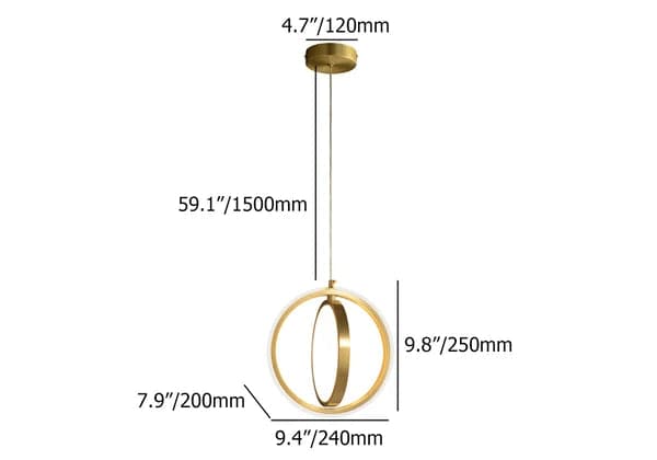 Suspension géométrique dorée à 2 anneaux LED en laiton 