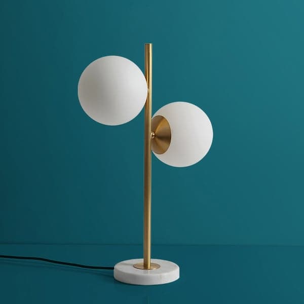 Lampe de table globe LED moderne dorée, 2 lumières, abat-jour en verre blanc, base en marbre