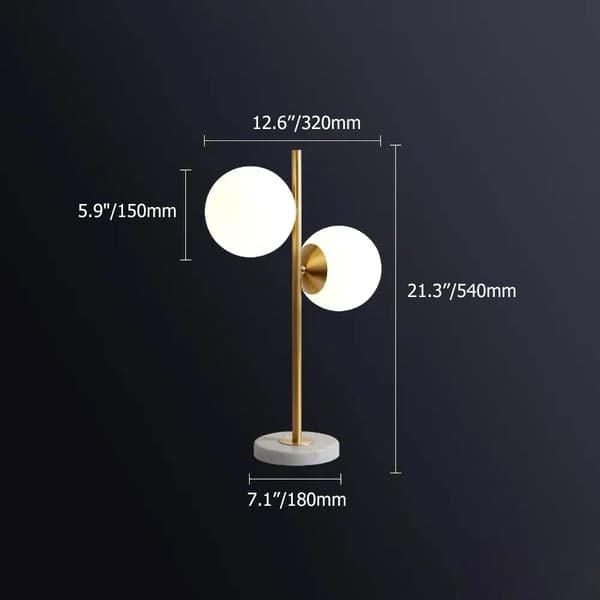 Lampe de table globe LED moderne dorée, 2 lumières, abat-jour en verre blanc, base en marbre