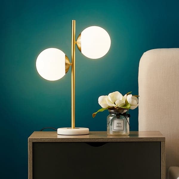 Gold Modern LED Globe Table Lamp 2 Light White Glass Shade Marble Base