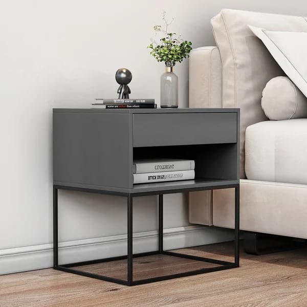 Gray Bedroom Nightstand with Drawer Bedside Table Metal Base