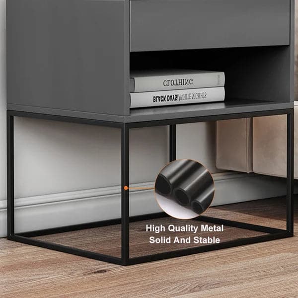 Gray Bedroom Nightstand with Drawer Bedside Table Metal Base