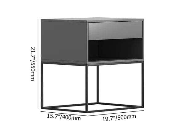 Table de chevet de chambre grise avec tiroir, base en métal