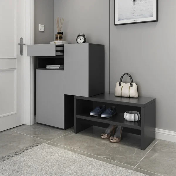Gray Corner Shoe Storage Cabinet with 7 Shelves and 1 Drawer Entryway Shoe Storage