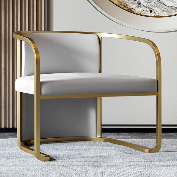 Fauteuil d'appoint en similicuir gris, fauteuil tonneau rembourré en métal, finition dorée