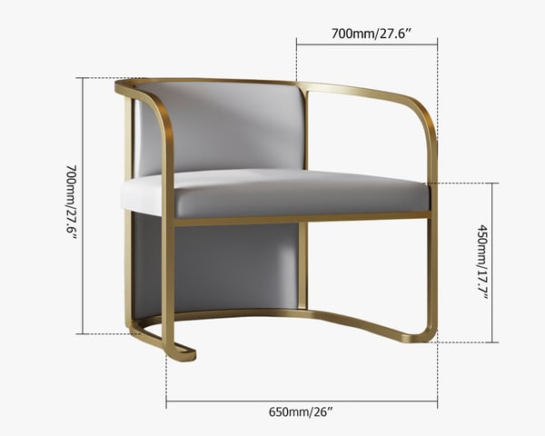 Fauteuil d'appoint en similicuir gris, fauteuil tonneau rembourré en métal, finition dorée