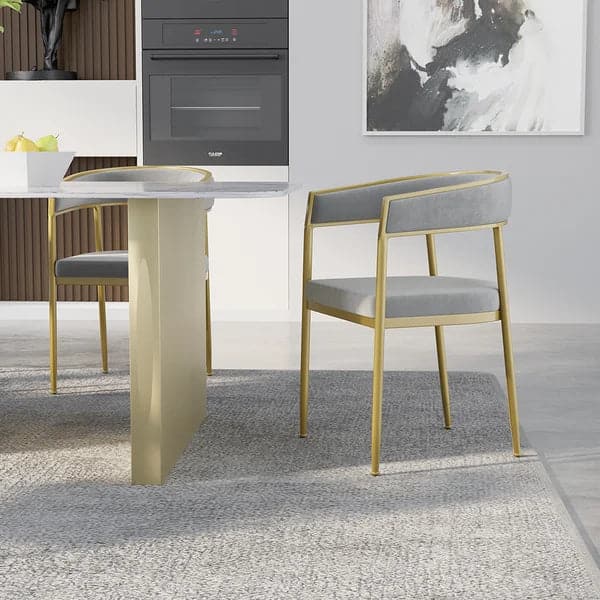 Modern Velvet Upholstered Dining Chair with Gold Metal Leg in Beige/Gray#Gray