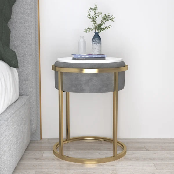 Gray/Green Round Sintered Stone Side Table Velvet Gold Finish Modern End Table#Gray