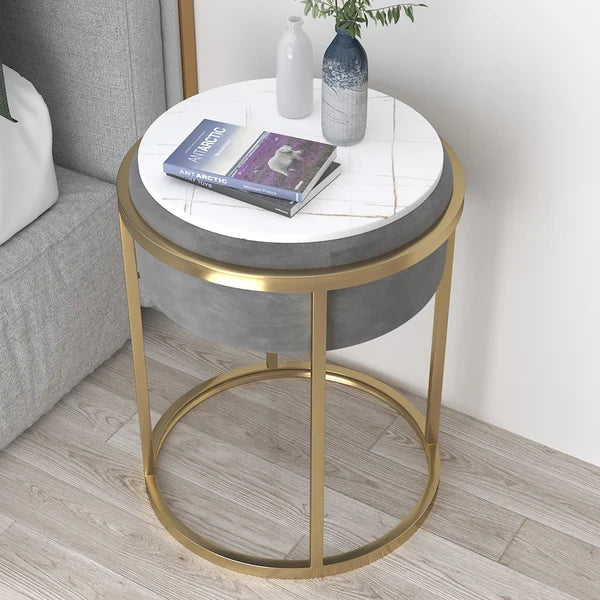 Gray/Green Round Sintered Stone Side Table Velvet Gold Finish Modern End Table#Gray