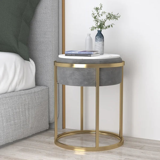 Gray/Green Round Sintered Stone Side Table Velvet Gold Finish Modern End Table#Gray