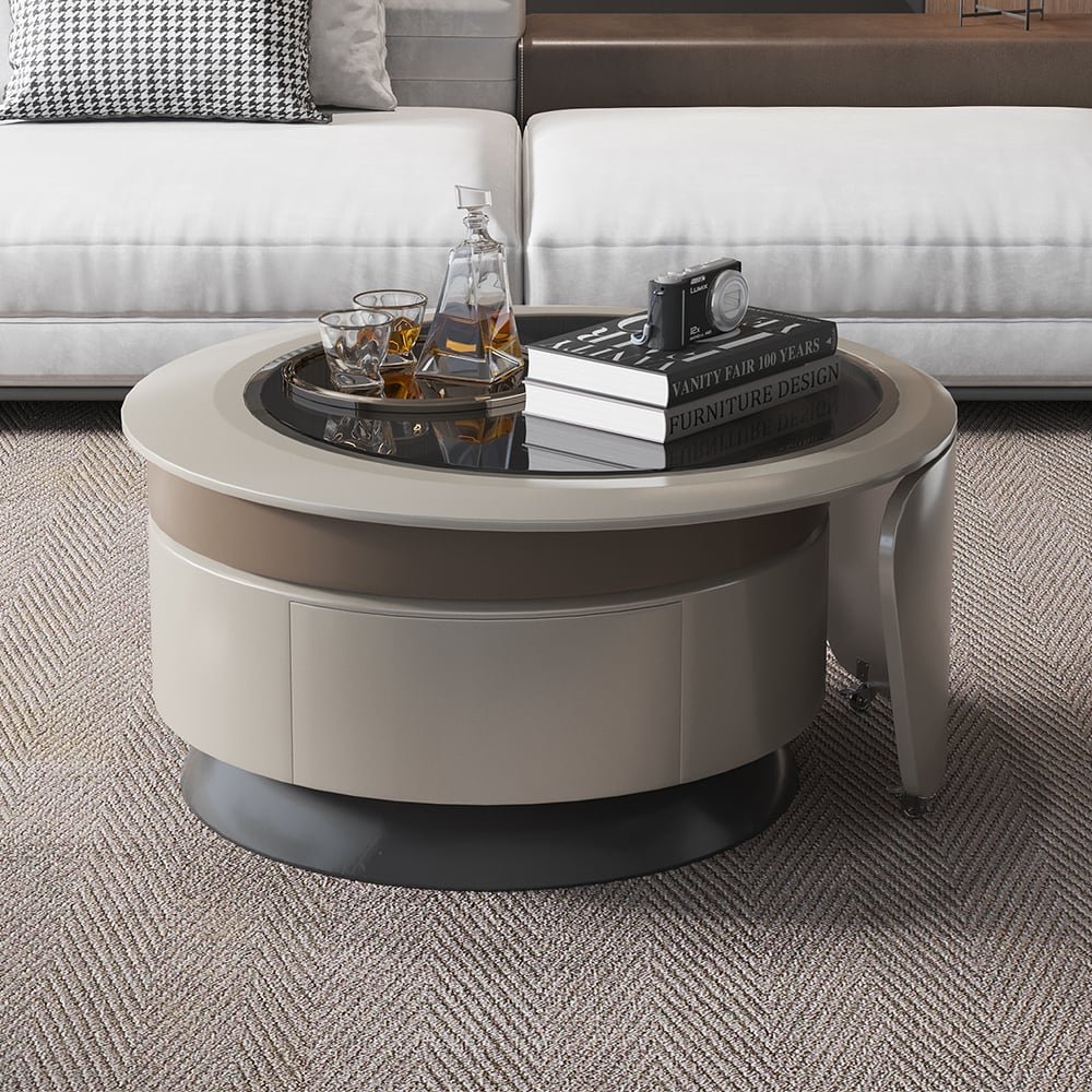 Gray Round Wood Swivel Modern Coffee Table with Storage Wood Accent Table Glass Tabletop