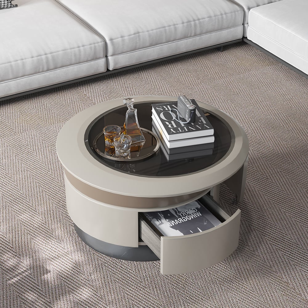 Gray Round Wood Swivel Modern Coffee Table with Storage Wood Accent Table Glass Tabletop