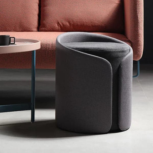 Pouf ottoman rond élégant en coton et lin rembourré gris