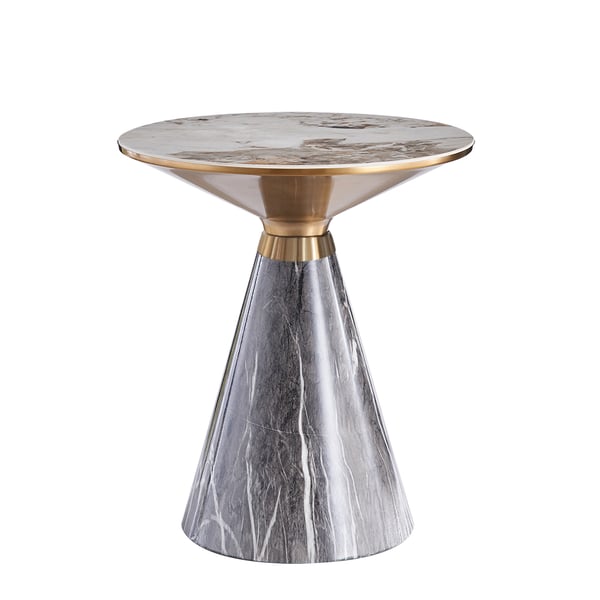 Table de bout en forme de sablier gris et doré avec plateau en pierre frittée et base en acier inoxydable