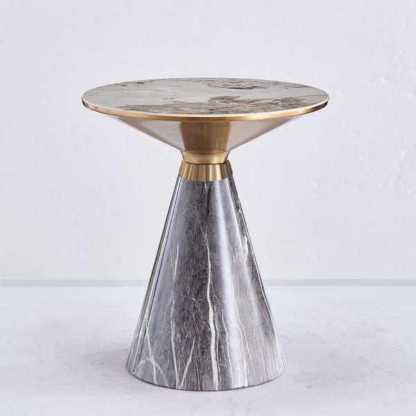 Gray & Gold Hourglass-Shape End Table with Sintered Stone Top & Stainless Steel Base