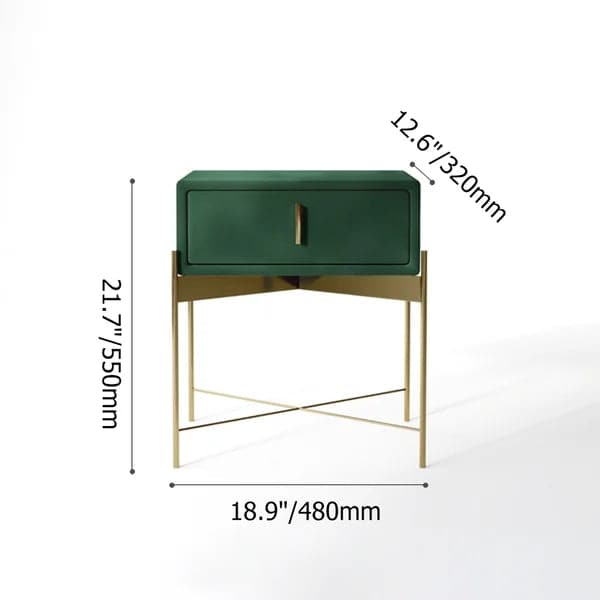Table de chevet de chambre verte avec tiroir recouvert de velours et base en acier inoxydable