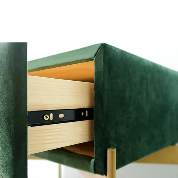 Table de chevet de chambre verte avec tiroir recouvert de velours et base en acier inoxydable