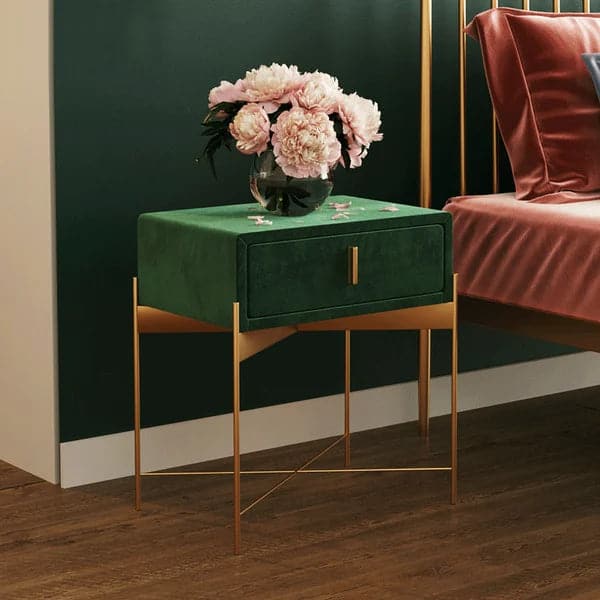 Table de chevet de chambre verte avec tiroir recouvert de velours et base en acier inoxydable