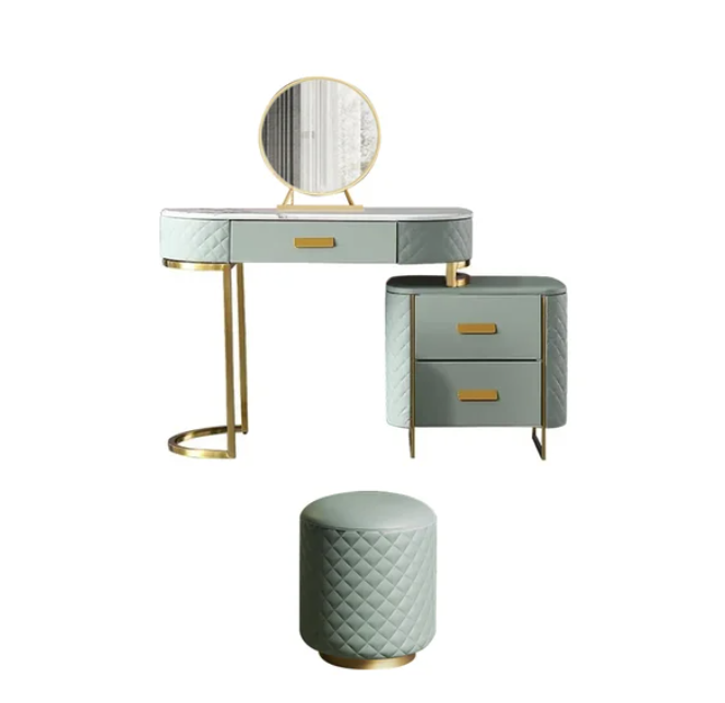 Ensemble de vanité de maquillage vert, coiffeuse extensible avec miroir d'armoire et tabouret inclus