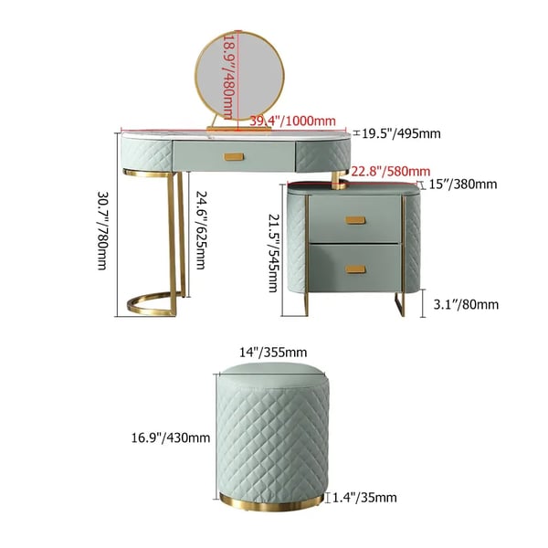 Ensemble de vanité de maquillage vert, coiffeuse extensible avec miroir d'armoire et tabouret inclus