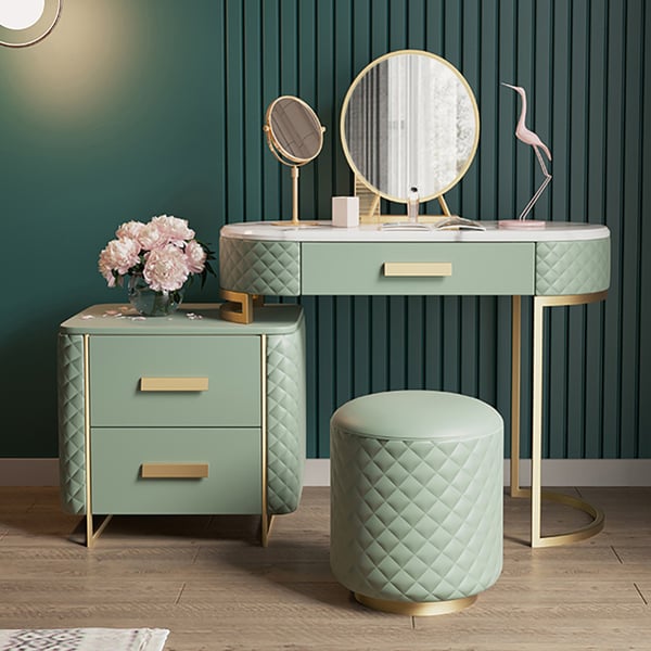 Ensemble de vanité de maquillage vert, coiffeuse extensible avec miroir d'armoire et tabouret inclus