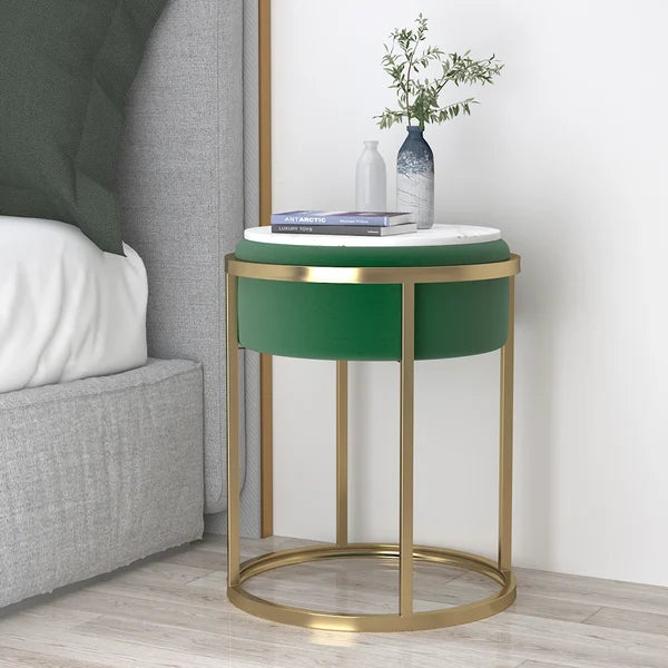 Gray/Green Round Sintered Stone Side Table Velvet Gold Finish Modern End Table#Green