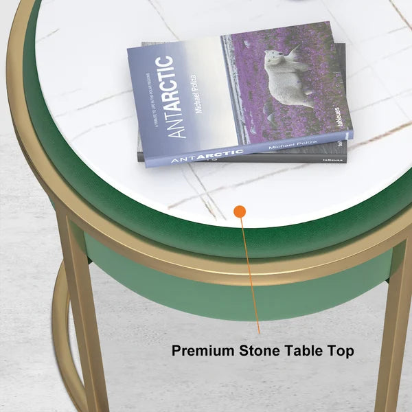 Gray/Green Round Sintered Stone Side Table Velvet Gold Finish Modern End Table#Green