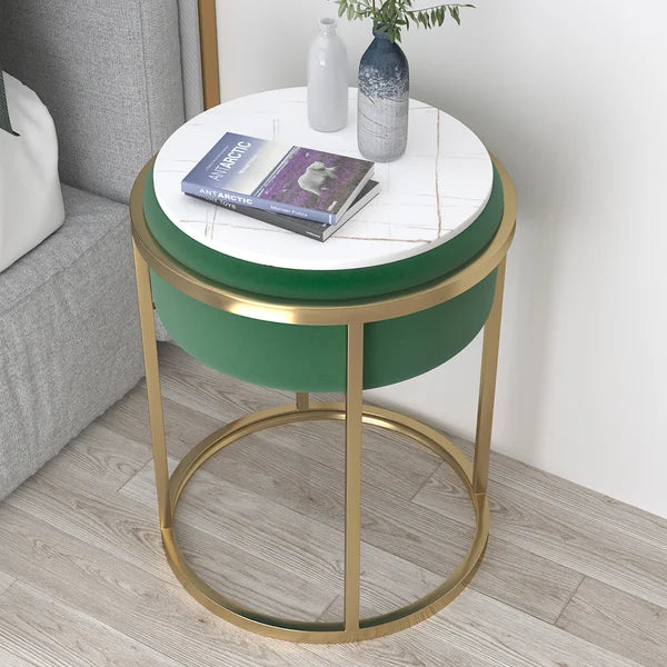 Gray/Green Round Sintered Stone Side Table Velvet Gold Finish Modern End Table#Green